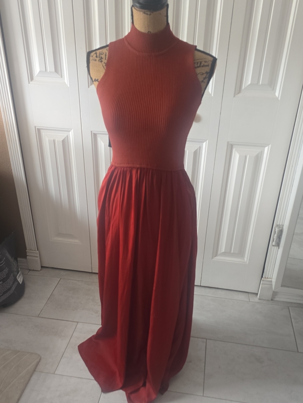 Elan Sleeveless Mock Neck Maxi Dress in Rust